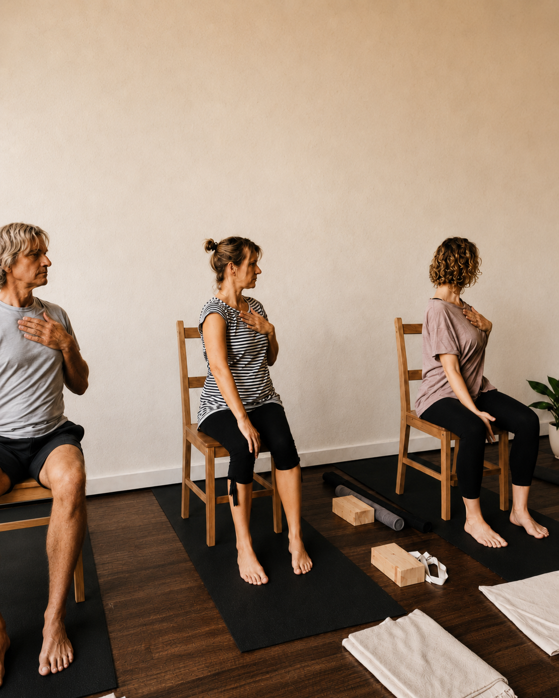 Corporate yoga session in chairs